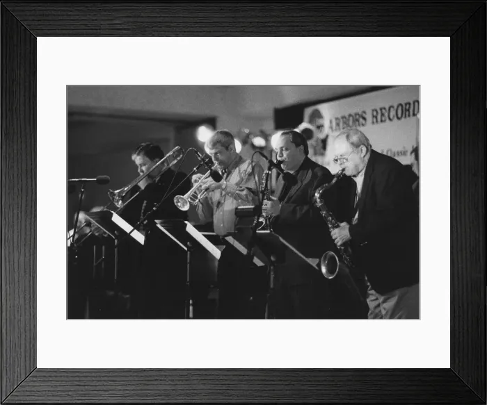 Framed Print : Dan Barrett, Randy Sandke, Tommy Newsom, Ken Peplowski, The March of Jazz, Clearwater... 2000. Creator: Brian Foskett