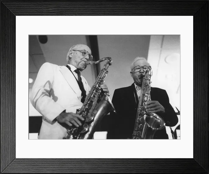 Framed Print : Flip Phillips and Jerry Jerome, The March of Jazz, Clearwater Beach, Florida, 1997. Creator: Brian Foskett Framed Print : Flip Phillips and Jerry Jerome, The March of Jazz, Clearwater Beach, Florida, 1997. Creator: Brian Foskett