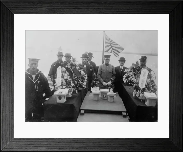Framed Print : Bodies of Japanese Navy aviators killed by a fall, on torpedo boat, between c1915 and c1920. Creator: Bain News Service Framed Print : Bodies of Japanese Navy aviators killed by a fall, on torpedo boat, between c1915 and c1920. Creator: Bain News Service