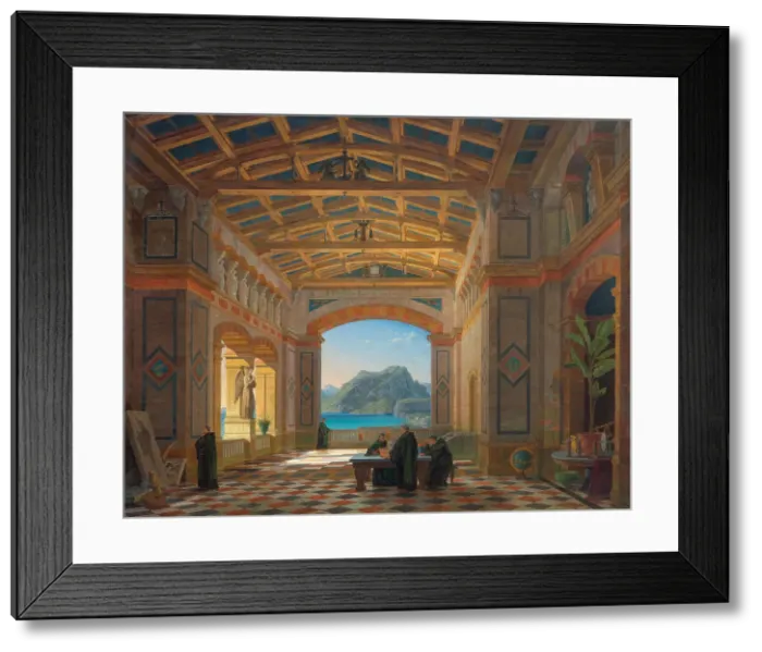 Framed Print : Italian monastery hall with Benedictine monks and a view of Capri, 1855. Creator: Klenze; Leo; von (1784-1864) Framed Print : Italian monastery hall with Benedictine monks and a view of Capri, 1855. Creator: Klenze; Leo; von (1784-1864)