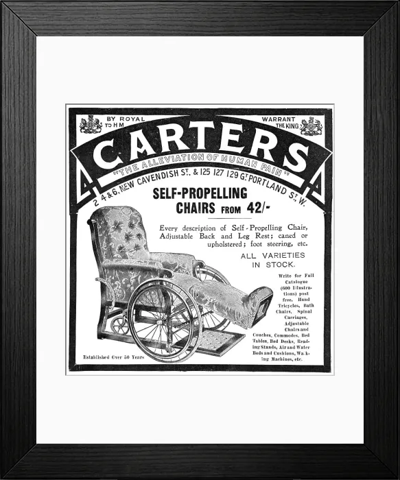 Framed Print : Carters - The Alleviation of Human Pain - self-propelling chairs from 42 / -, 1909. Creator: Unknown Framed Print : Carters - The Alleviation of Human Pain - self-propelling chairs from 42 / -, 1909. Creator: Unknown