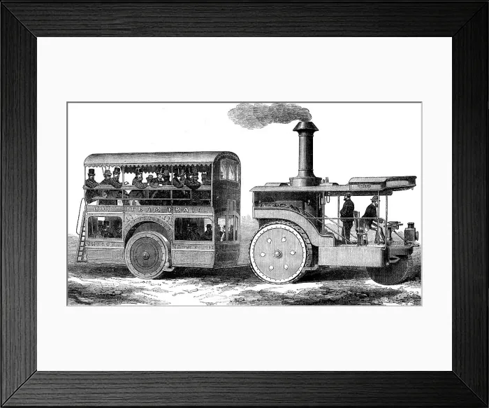 Framed Print : Road steamer and omnibus for the Indian Government, 1871. Creator: Unknown Framed Print : Road steamer and omnibus for the Indian Government, 1871. Creator: Unknown