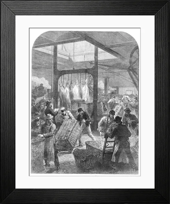 Framed Print : The Meat Market, Smithfield: arrival of an early meat train, 1870. Creator: Unknown