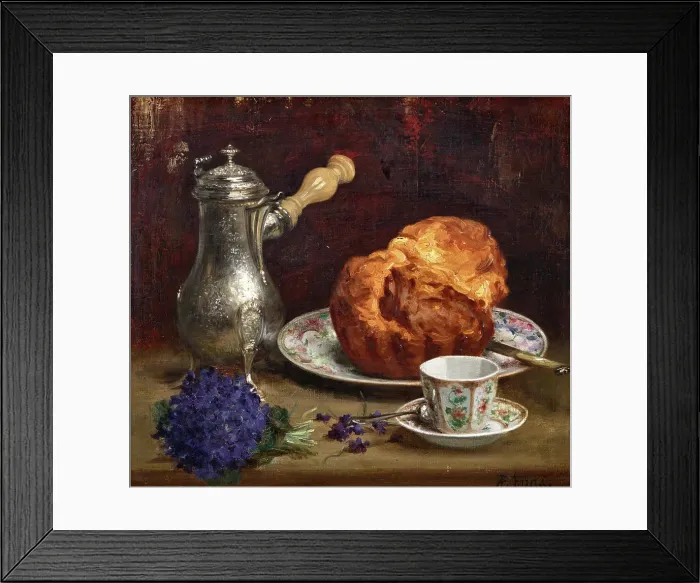 Framed Print : Still life with coffee pot, brioche, porcelain and bouquet of violets. Creator: Huas; Pierre Adolphe (1838-1900) Framed Print : Still life with coffee pot, brioche, porcelain and bouquet of violets. Creator: Huas; Pierre Adolphe (1838-1900)