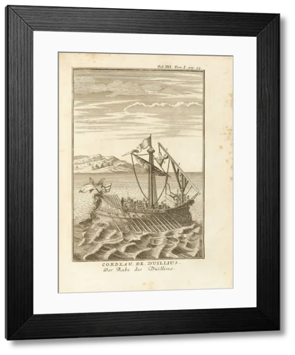 Framed Print : Corvus (boarding drawbridge) of Gaius Duilius. Illustration from The Histories by Polybius, 1759-60. Creator: Anonymous ()