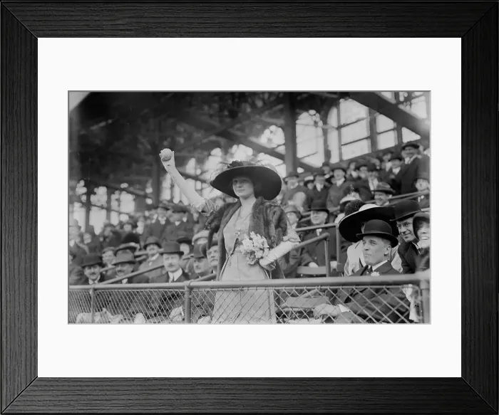 Framed Print : Miss Genevieve Ebbets, youngest daughter of Charley Ebbets, throws first ball at opening... 1913. Creator: Bain News Service Framed Print : Miss Genevieve Ebbets, youngest daughter of Charley Ebbets, throws first ball at opening... 1913. Creator: Bain News Service