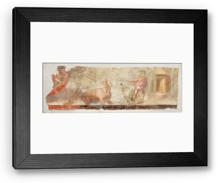 Framed Print : Hunting Hippos in a river landscape with two hunters, two water birds and a dwelling on... 1st cent Creator: Roman-Pompeian wall painting () Framed Print : Hunting Hippos in a river landscape with two hunters, two water birds and a dwelling on... 1st cent Creator: Roman-Pompeian wall painting ()
