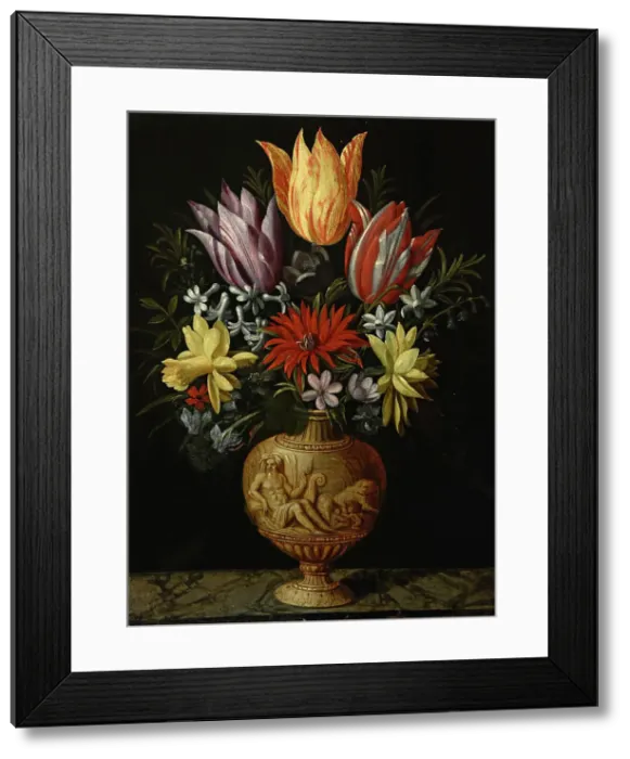 Framed Print : Flowers in a vase on a marble plinth, First Half of 17th cen.. Creator: Borcht; Hendrik van der; the Elder (1583-1651) Framed Print : Flowers in a vase on a marble plinth, First Half of 17th cen.. Creator: Borcht; Hendrik van der; the Elder (1583-1651)