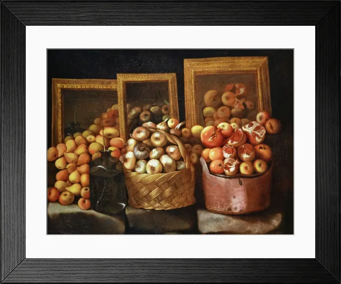 Framed Print : Still life with bottle, fruit, vegetables and three mirrors, First Half of 17th cen.. Creator: Barbieri; Paolo Antonio (1603-1649) Framed Print : Still life with bottle, fruit, vegetables and three mirrors, First Half of 17th cen.. Creator: Barbieri; Paolo Antonio (1603-1649)