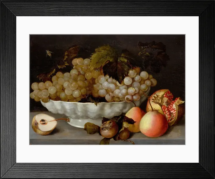 Framed Print : Still life with grapes in a white ceramic bowl, a pomegranate and pears on a... early 17th cen.. Creator: Galizia; Fede (1578-1630) Framed Print : Still life with grapes in a white ceramic bowl, a pomegranate and pears on a... early 17th cen.. Creator: Galizia; Fede (1578-1630)