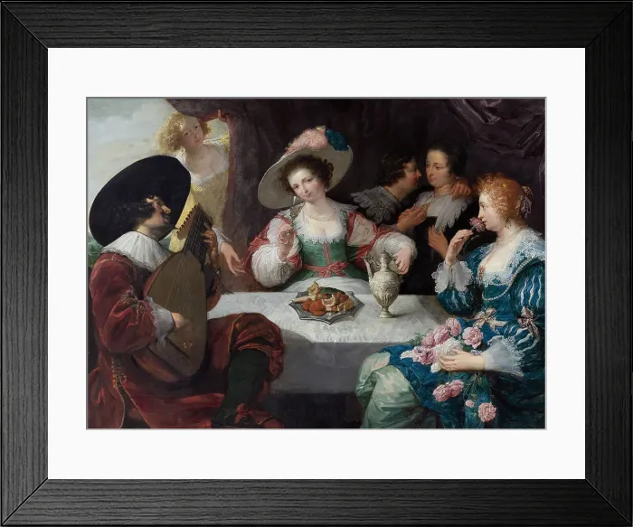 Framed Print : Allegory of the five senses: Elegant company sitting at a table, c1640. Creator: Cossiers; Jan (1600-1671) Framed Print : Allegory of the five senses: Elegant company sitting at a table, c1640. Creator: Cossiers; Jan (1600-1671)