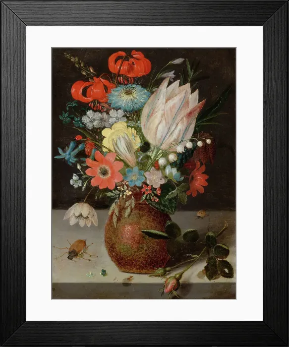 Framed Print : Still life with tulip, snowbell panicle and checkered flower in an engobe vase... early 17th cen. Creator: Binoit; Peter (ca 1590-1632) Framed Print : Still life with tulip, snowbell panicle and checkered flower in an engobe vase... early 17th cen. Creator: Binoit; Peter (ca 1590-1632)