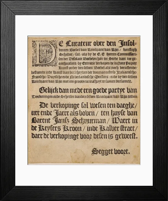 Framed Print : Curateur over the insolvent estate of Rembrandt van Rijn. Announcement of the auction... 1658. Creator: Historic Object () Framed Print : Curateur over the insolvent estate of Rembrandt van Rijn. Announcement of the auction... 1658. Creator: Historic Object ()