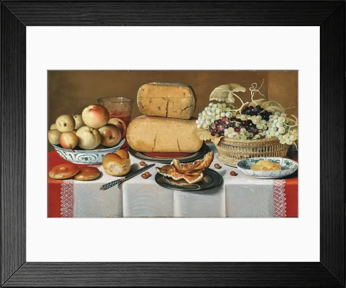 Framed Print : Cheeses on a pewter plate, grapes in a basket, apples in a porcelain Chinese bowl, bread rolls.... Creator: Koets; Roelof; the Elder (1592-1654) Framed Print : Cheeses on a pewter plate, grapes in a basket, apples in a porcelain Chinese bowl, bread rolls.... Creator: Koets; Roelof; the Elder (1592-1654)