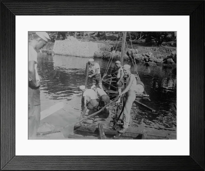 Framed Print : U.S. sailors build targets, between c1915 and c1920. Creator: Bain News Service Framed Print : U.S. sailors build targets, between c1915 and c1920. Creator: Bain News Service