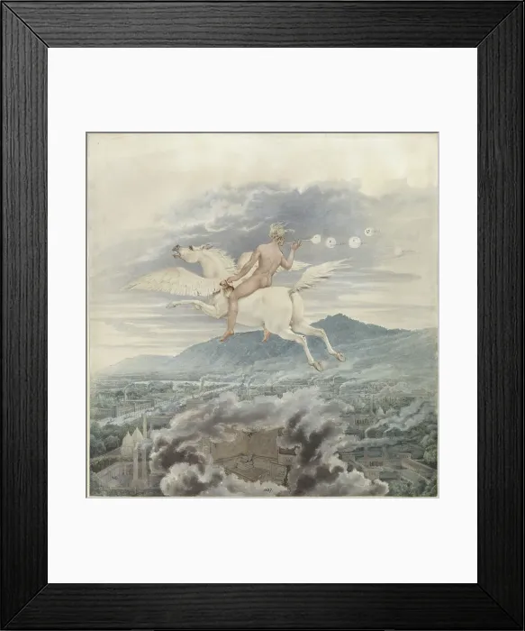 Framed Print : Female figure (blowing bubbles), as allegory of Christian Peter Wilhelm Beuth, riding Pega... 1837. Creator: Schinkel; Karl Friedrich (1781-1841) Framed Print : Female figure (blowing bubbles), as allegory of Christian Peter Wilhelm Beuth, riding Pega... 1837. Creator: Schinkel; Karl Friedrich (1781-1841)