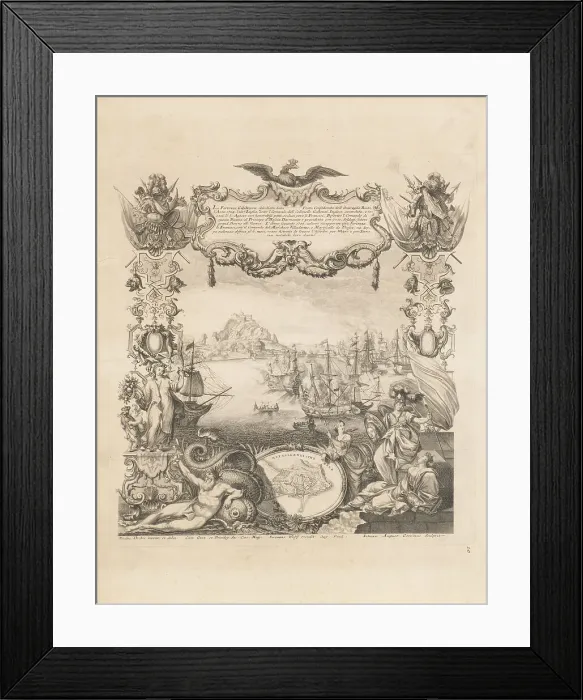 Framed Print : The capture of Gibraltar by Anglo-Dutch forces of the Grand Alliance in August 1704. Creator: Corvinus; Johann August (1683-1738) Framed Print : The capture of Gibraltar by Anglo-Dutch forces of the Grand Alliance in August 1704. Creator: Corvinus; Johann August (1683-1738)