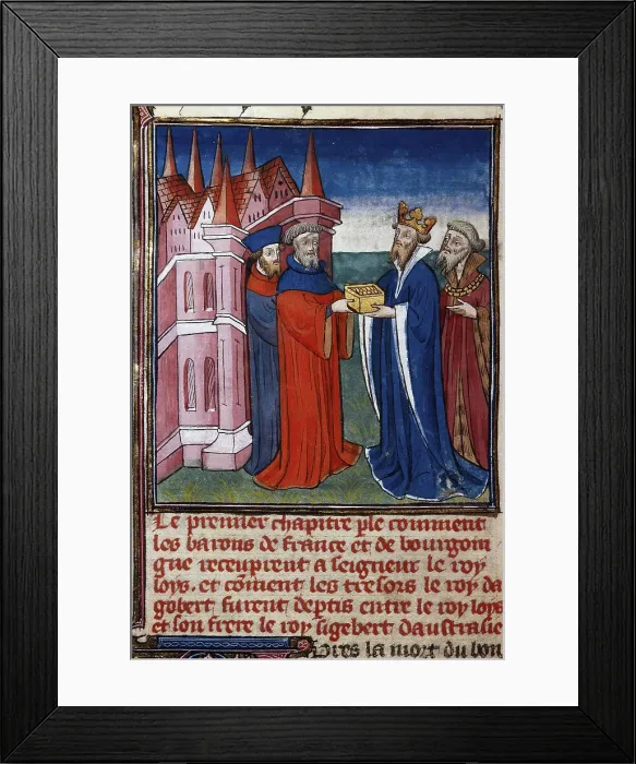 Framed Print : Sigebert III receiving his share of the treasure of Dagobert I... 1400-1410. Creator: Anonymous () Framed Print : Sigebert III receiving his share of the treasure of Dagobert I... 1400-1410. Creator: Anonymous ()