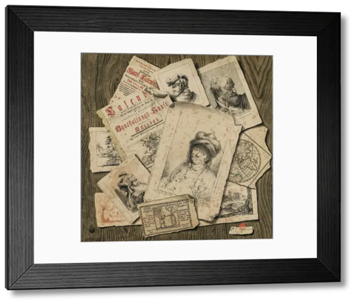 Framed Print : Trompe l'oeil. Prints and book tear-outs on wood, 1776. Creator: Robart; P. A. (active 1770s-1780s) Framed Print : Trompe l'oeil. Prints and book tear-outs on wood, 1776. Creator: Robart; P. A. (active 1770s-1780s)
