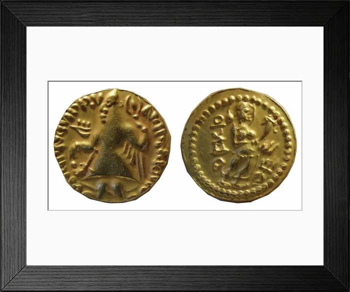 Framed Print : Imitation of a Kushan coin from Samatata. King Kanishka (obverse), Goddess standin... 2nd-3rd cent. Creator: Numismatic; Oriental coins () Framed Print : Imitation of a Kushan coin from Samatata. King Kanishka (obverse), Goddess standin... 2nd-3rd cent. Creator: Numismatic; Oriental coins ()