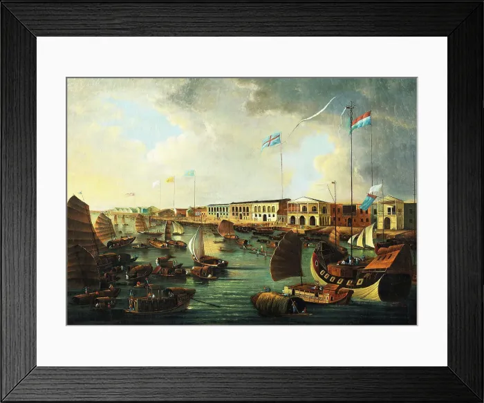 Framed Print : View of the Canton Factories, the Pearl River and junks and other vessels, Early 19th cen.. Creator: Anonymous () Framed Print : View of the Canton Factories, the Pearl River and junks and other vessels, Early 19th cen.. Creator: Anonymous ()