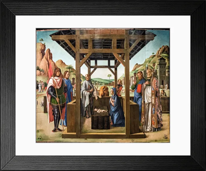 Framed Print : Nativity between Saints James and Eustace, Nicholas and Mark, c1494. Creator: Bastiani; Lazzaro (1429-1512) Framed Print : Nativity between Saints James and Eustace, Nicholas and Mark, c1494. Creator: Bastiani; Lazzaro (1429-1512)