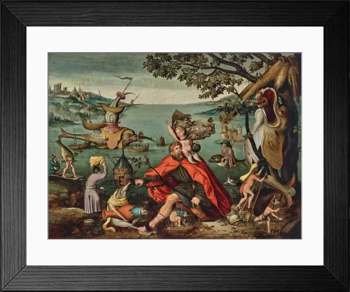 Framed Print : Saint Christopher Carrying the Christ Child through a Sinful World. Creator: Bosch; Hieronymus; (School) () Framed Print : Saint Christopher Carrying the Christ Child through a Sinful World. Creator: Bosch; Hieronymus; (School) ()