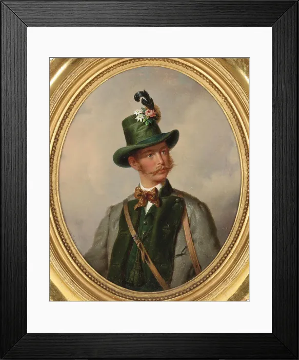 Framed Print : Portrait of Emperor Franz Joseph I of Austria (1830-1916), in Ischl hunting costume, c1855. Creator: Kriehuber; Josef (1800-1876) Framed Print : Portrait of Emperor Franz Joseph I of Austria (1830-1916), in Ischl hunting costume, c1855. Creator: Kriehuber; Josef (1800-1876)