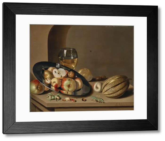 Framed Print : Apples, pears, peaches and walnuts on a pewter plate, First Half of 17th cen.. Creator: Bosschaert; Ambrosius; the Younger (1609-1645) Framed Print : Apples, pears, peaches and walnuts on a pewter plate, First Half of 17th cen.. Creator: Bosschaert; Ambrosius; the Younger (1609-1645)