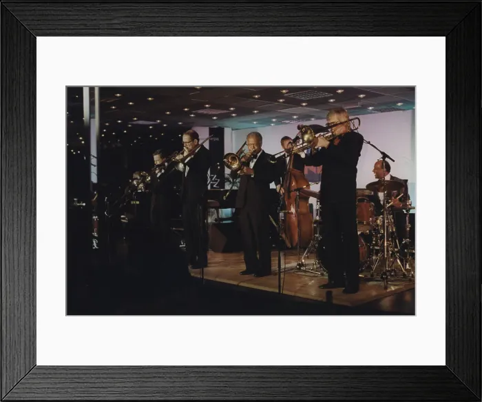 Framed Print : Bob Brookmeyer, Jimmy Knepper and Slide Hampton, Jazz Inn Party, Nordwijk, Netherlands, 1989. Creator: Brian Foskett Framed Print : Bob Brookmeyer, Jimmy Knepper and Slide Hampton, Jazz Inn Party, Nordwijk, Netherlands, 1989. Creator: Brian Foskett