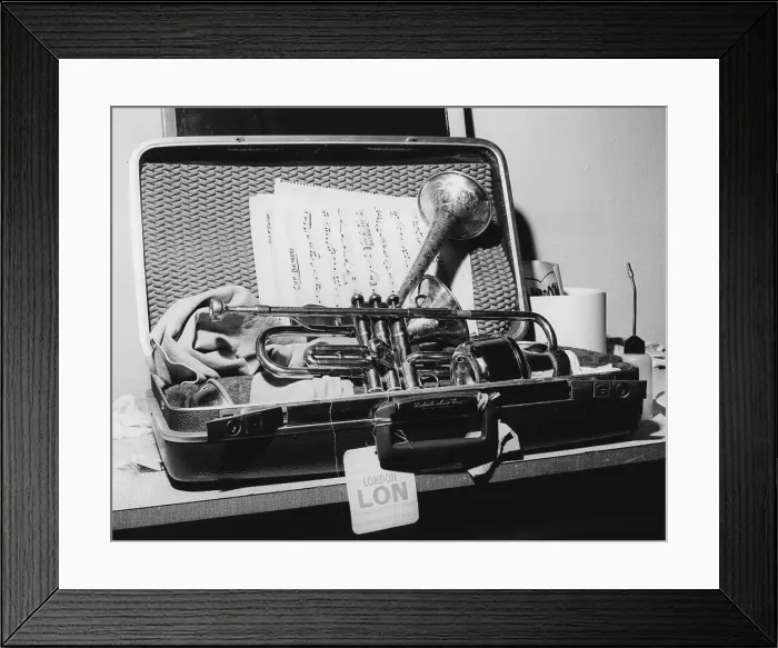 Framed Print : Dizzy Gillespie, trumpet in case, Manchester, 1963. Creator: Brian Foskett Framed Print : Dizzy Gillespie, trumpet in case, Manchester, 1963. Creator: Brian Foskett
