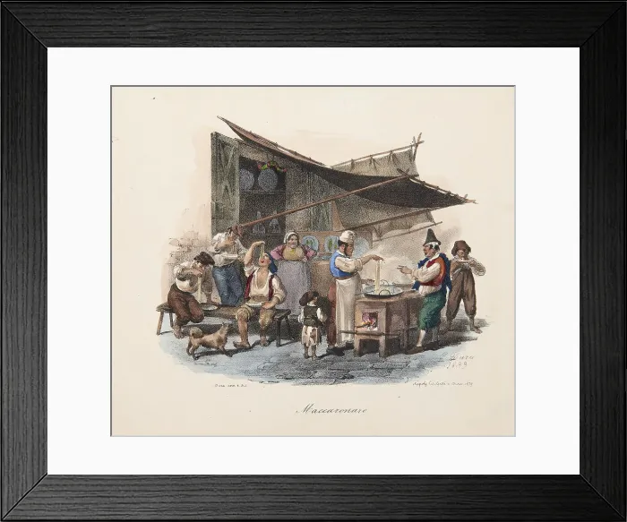 Framed Print : Maccaronaro (Macaroni Vendor). From Scene di vita e costumi napoletani, 1839. Creator: Dura; Gaetano (1805-1878) Framed Print : Maccaronaro (Macaroni Vendor). From Scene di vita e costumi napoletani, 1839. Creator: Dura; Gaetano (1805-1878)