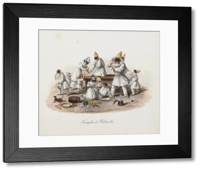 Framed Print : Pulcinella's family. From Scene di vita e costumi napoletani, 1840. Creator: Dura; Gaetano (1805-1878) Framed Print : Pulcinella's family. From Scene di vita e costumi napoletani, 1840. Creator: Dura; Gaetano (1805-1878)