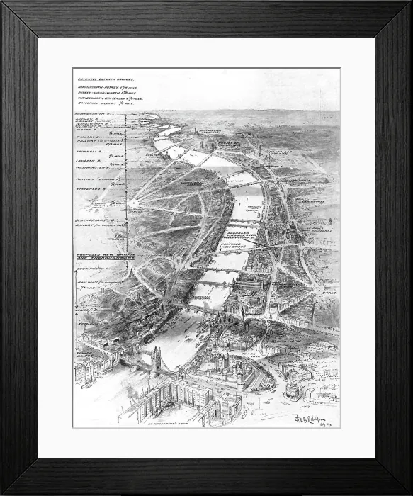 Framed Print : London's bridges - are they too far apart?, 1909. Creator: Will B. Robinson Framed Print : London's bridges - are they too far apart?, 1909. Creator: Will B. Robinson