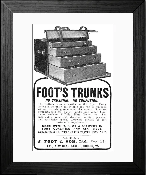 Framed Print : Foot's trunks: no crushing, no confusion, 1909. Creator: Unknown Framed Print : Foot's trunks: no crushing, no confusion, 1909. Creator: Unknown