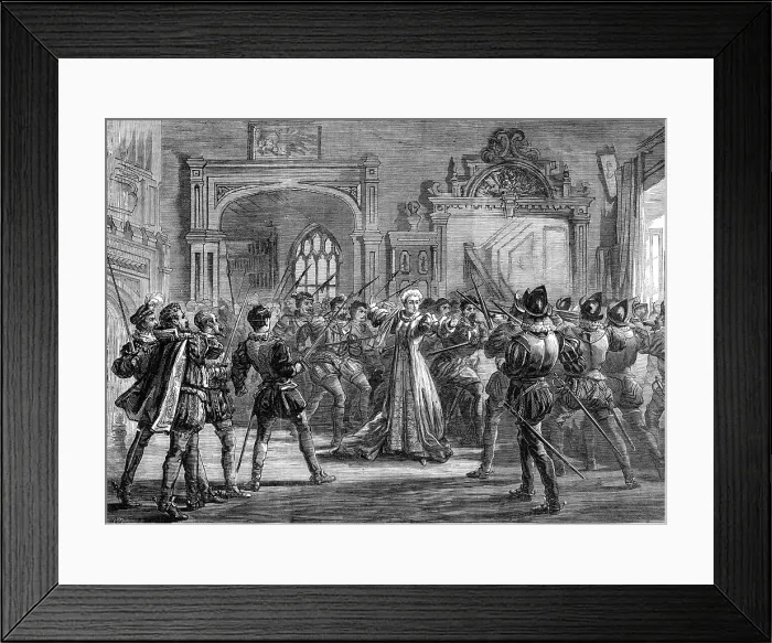 Framed Print : Scene from Twixt Axe and Crown, at the Queen's Theatre, 1870. Creator: Unknown Framed Print : Scene from Twixt Axe and Crown, at the Queen's Theatre, 1870. Creator: Unknown