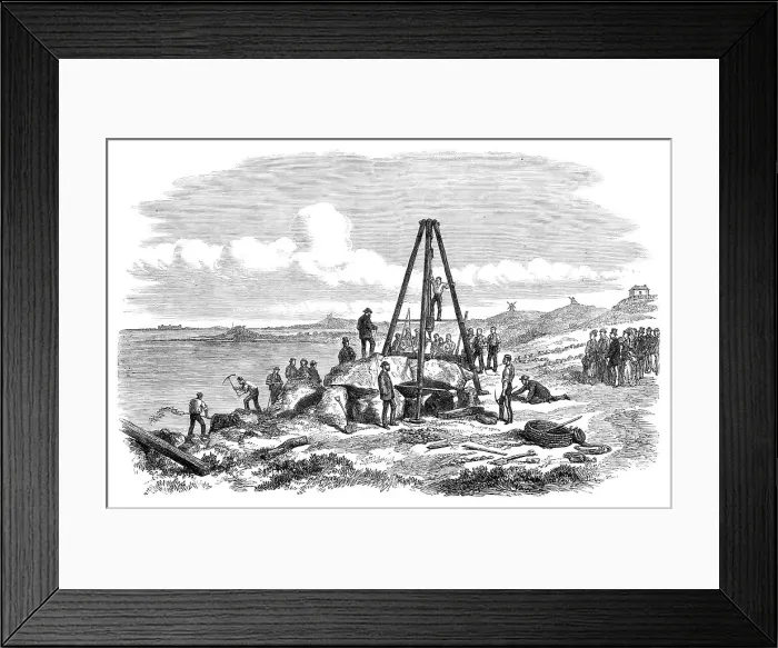 Framed Print : Raising the west capstone of Le Trepied Cromlech, Guernsey, 1870. Creator: Unknown Framed Print : Raising the west capstone of Le Trepied Cromlech, Guernsey, 1870. Creator: Unknown