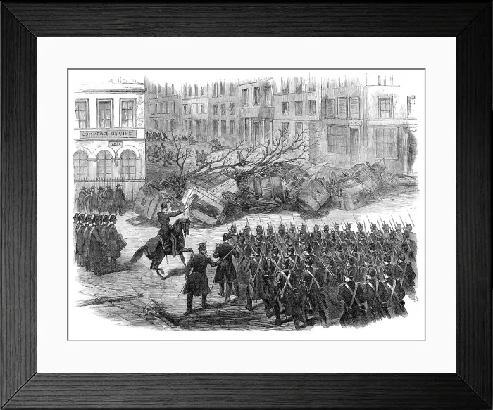 Framed Print : The Disturbances in Paris: the barricade at Belleville, 1870. Creator: Unknown Framed Print : The Disturbances in Paris: the barricade at Belleville, 1870. Creator: Unknown