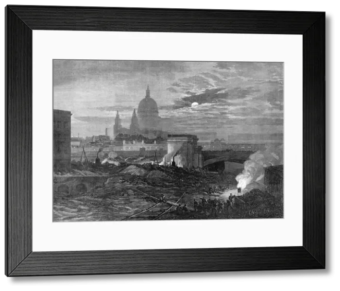 Framed Print : The Blackfriars Bridge end of the Thames Embankment, 1870. Creator: Unknown Framed Print : The Blackfriars Bridge end of the Thames Embankment, 1870. Creator: Unknown