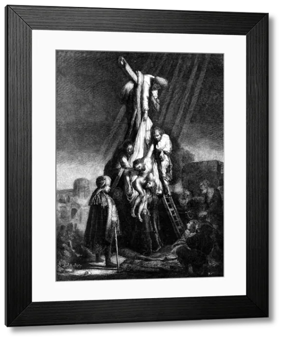 Framed Print : The Descent From The Cross, etching by Rembrandt, 1870. Creator: Unknown Framed Print : The Descent From The Cross, etching by Rembrandt, 1870. Creator: Unknown
