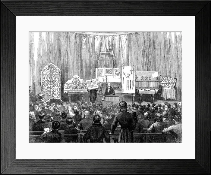 Framed Print : Lecture to working men on ornamental ironwork at the South Kensington Museum, 1870. Creator: D H F Framed Print : Lecture to working men on ornamental ironwork at the South Kensington Museum, 1870. Creator: D H F
