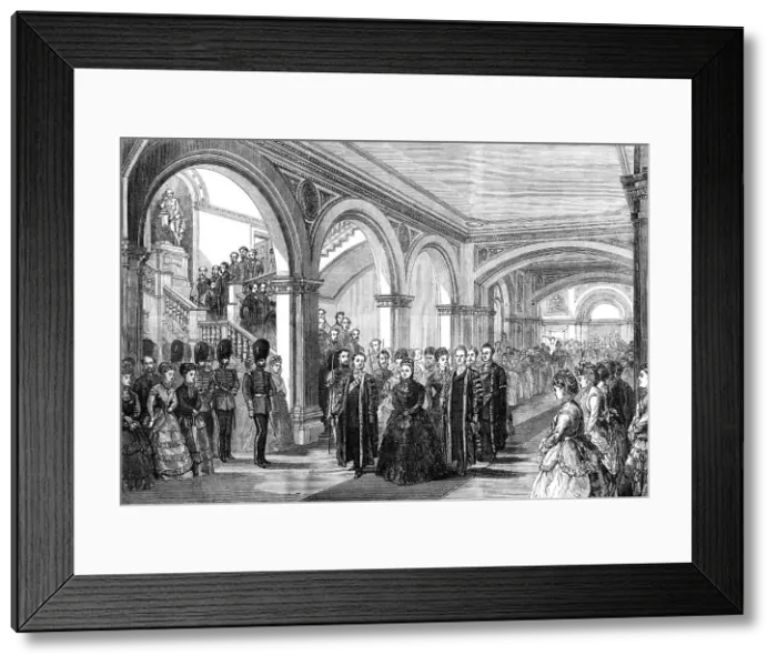 Framed Print : The Queen passing through the lobby of the new building of London University, 1870. Creator: Unknown Framed Print : The Queen passing through the lobby of the new building of London University, 1870. Creator: Unknown