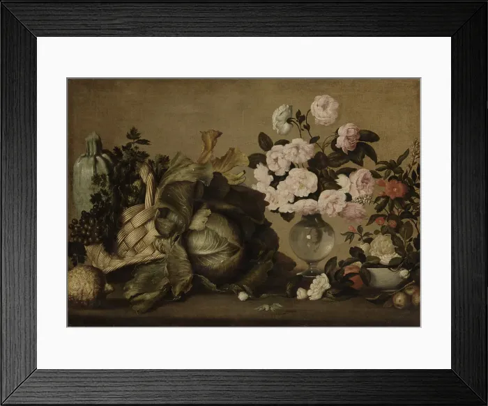 Framed Print : Still life with courgettes, grapes, parsley, cabbage, vase of peonies and fruit, c1630-1634. Creator: Strozzi; Bernardo (1581-1644) Framed Print : Still life with courgettes, grapes, parsley, cabbage, vase of peonies and fruit, c1630-1634. Creator: Strozzi; Bernardo (1581-1644)