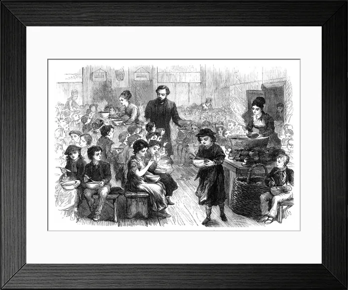 Framed Print : Halfpenny dinners for poor children in East London, 1870. Creator: Unknown Framed Print : Halfpenny dinners for poor children in East London, 1870. Creator: Unknown