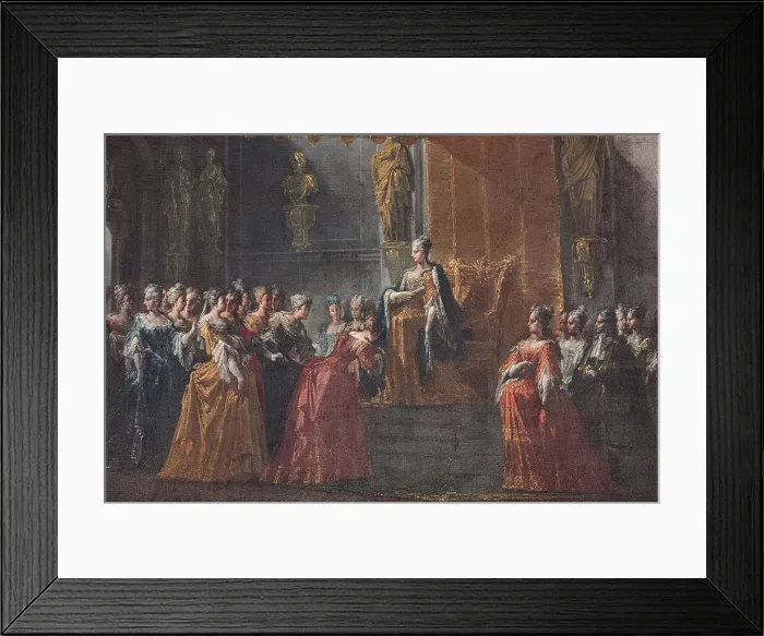 Framed Print : The hand kissing ceremony at the court of Queen Elisabetta Farnese, 1717-1718. Creator: Spolverini (Mercanti); Ilario Giacinto (1657-1734) Framed Print : The hand kissing ceremony at the court of Queen Elisabetta Farnese, 1717-1718. Creator: Spolverini (Mercanti); Ilario Giacinto (1657-1734)
