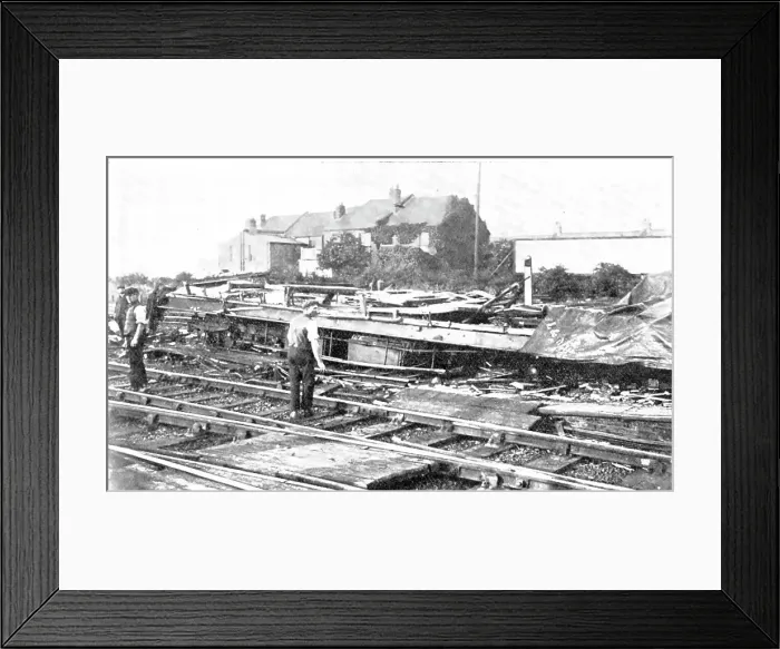 Framed Print : The recent railway accident at Wembley: the wreckage on the line, 1909. Creator: Topical Press Agency Framed Print : The recent railway accident at Wembley: the wreckage on the line, 1909. Creator: Topical Press Agency