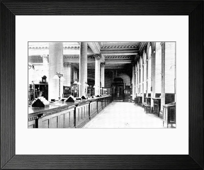Framed Print : The Manchester and Liverpool District Bank: the front counter, 1909. Creator: Unknown Framed Print : The Manchester and Liverpool District Bank: the front counter, 1909. Creator: Unknown