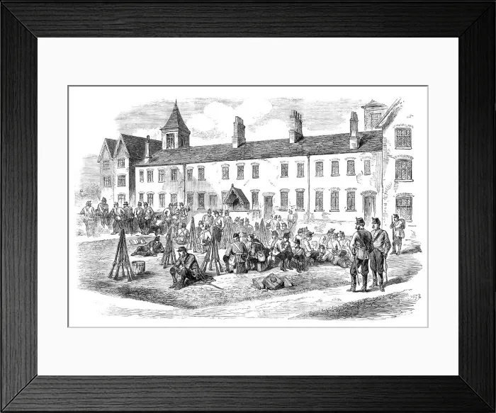 Framed Print : Sketches from Ireland: troops in the yard of the Poorhouse at Kells, 1870. Creator: Unknown Framed Print : Sketches from Ireland: troops in the yard of the Poorhouse at Kells, 1870. Creator: Unknown