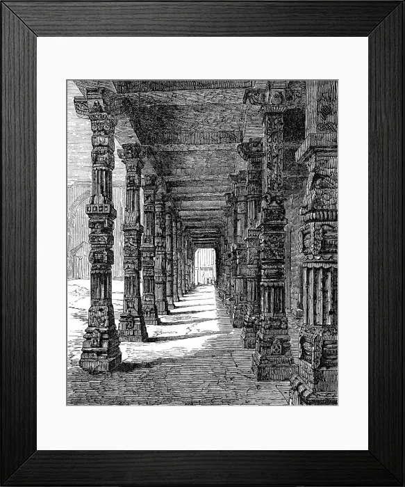 Framed Print : Indian Architecture: colonnade of Hindu pillars near the Kootub, at Delhi, (eleventh century), 1870. Creator: Unknown