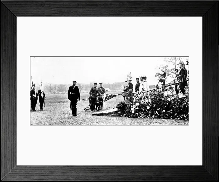 Framed Print : The Royal Review...in Worsley Park:the King touching the staffs... 1909. Creator: Topical Press Agency Framed Print : The Royal Review...in Worsley Park:the King touching the staffs... 1909. Creator: Topical Press Agency